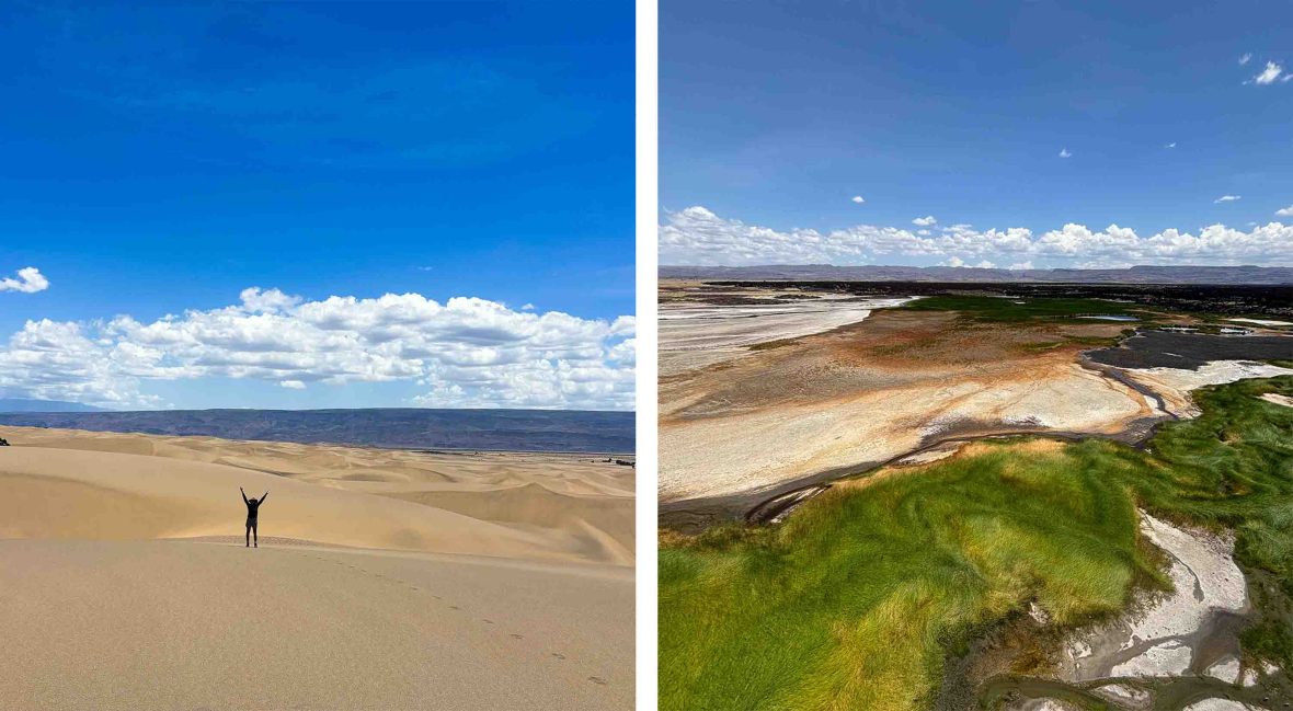 Left: A woman has her arms in the air as she stands in amongst sand dunes. Right: An aerial view over marshalands.