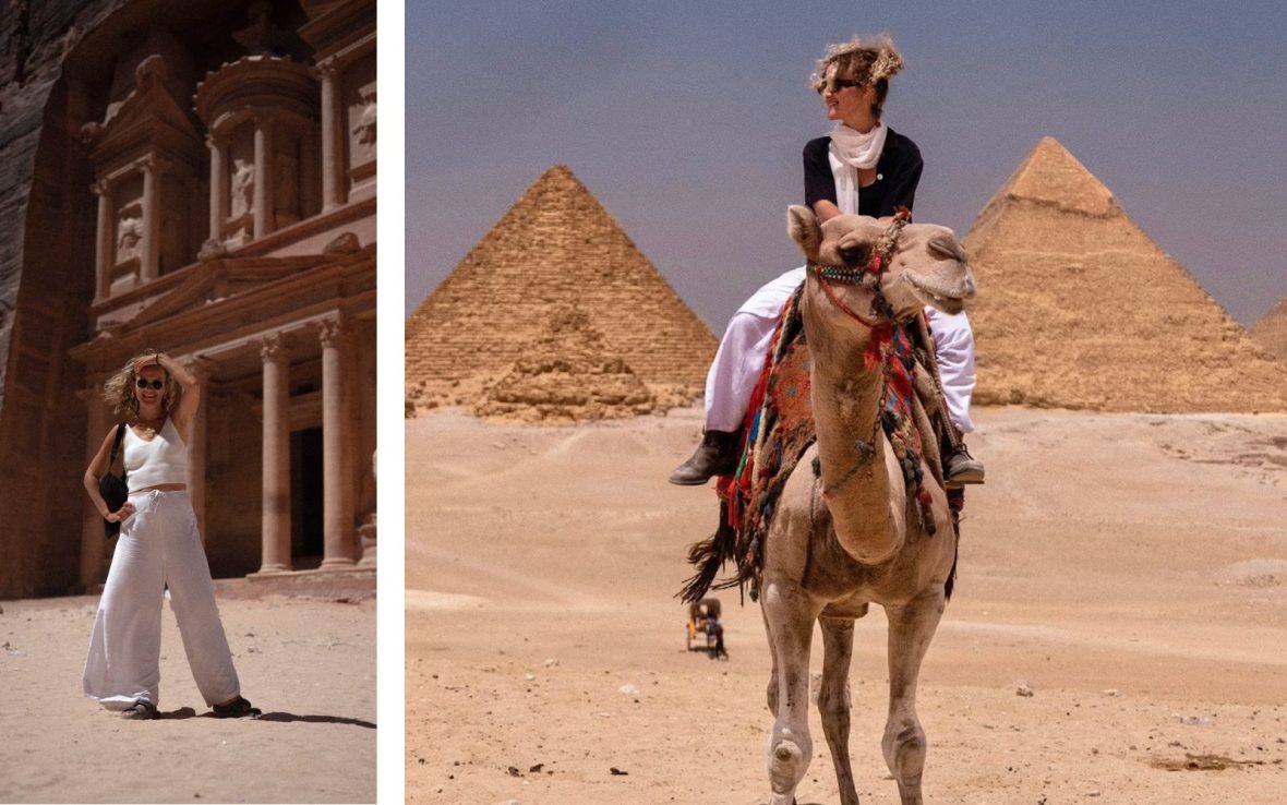 Left: The writer in Jordan; Right: The writer on a camel in Egypt