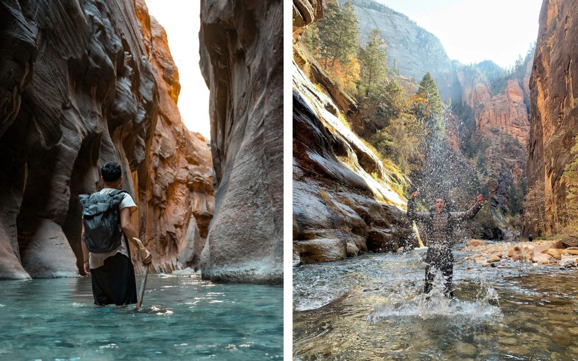 Men walking through canyon water in Zion National Park