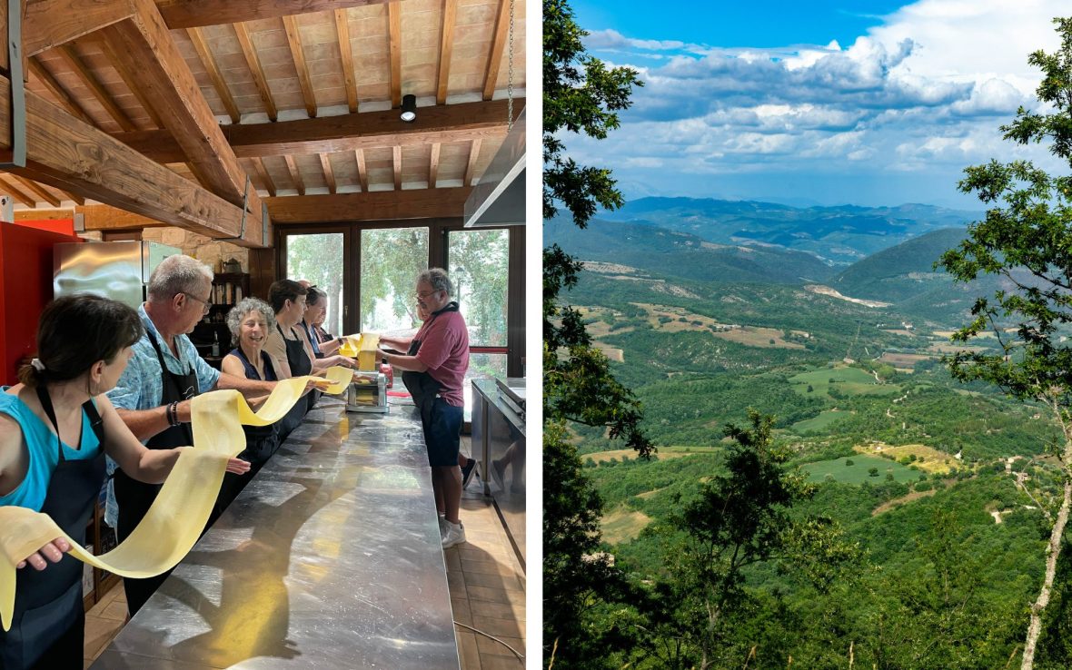 Travelers making sheets of pasta; Umbrian countryside