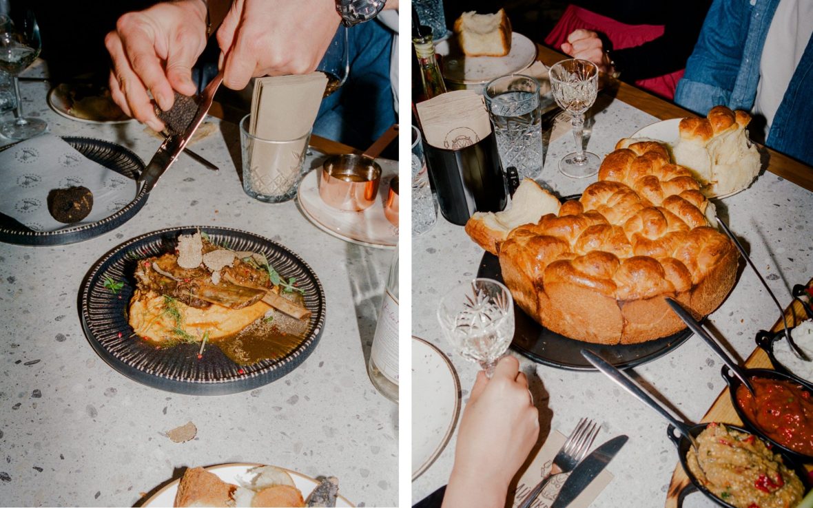 Left: Truffle is served generously at Aylyakria restaurant, as it is grown in the farms surrounding Plovdiv town; Right: Chef Lachezar Kisyov sends out platters of two classic dips—red pepper and tomato lutenitsa, and katak made from brined cheese, yogurt and garlic—served with cloud-like pogacha bread.