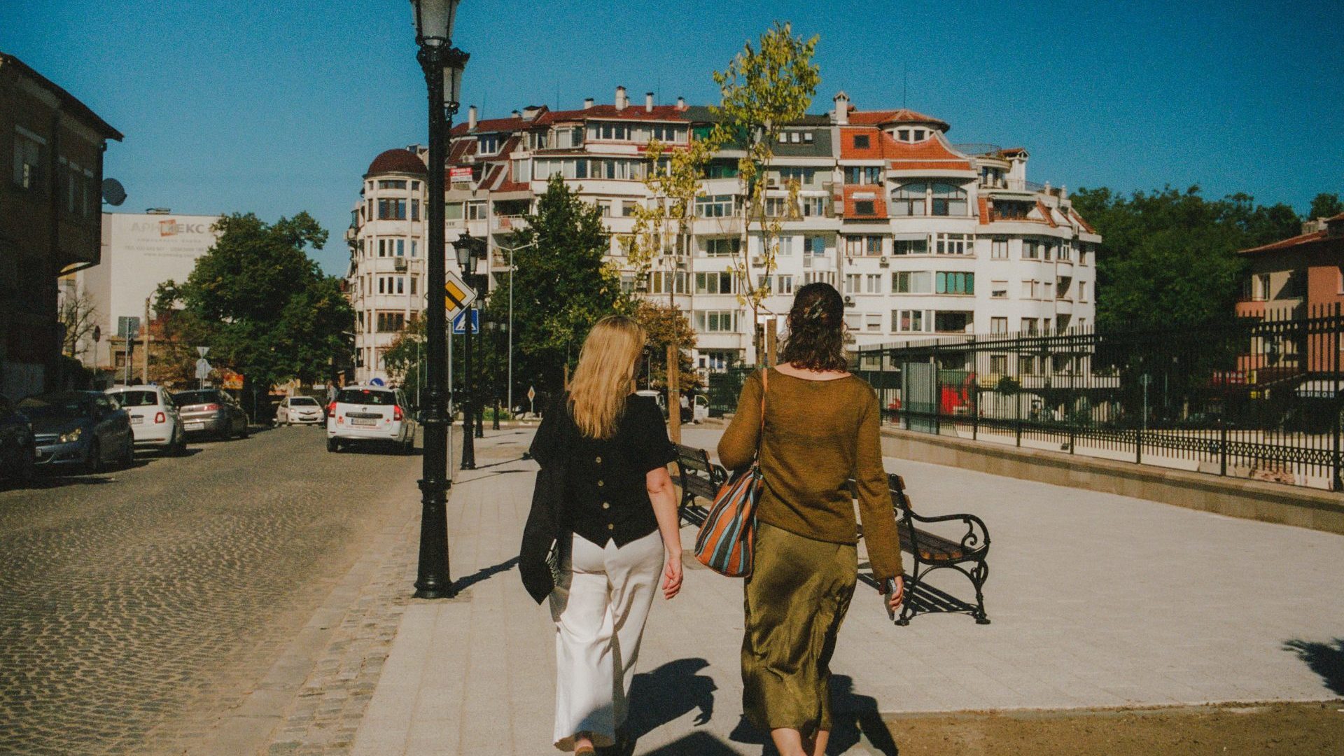 Writer Belinda Jackson and chef Ella Mittas walk through the centre of Plovdiv, towards old town