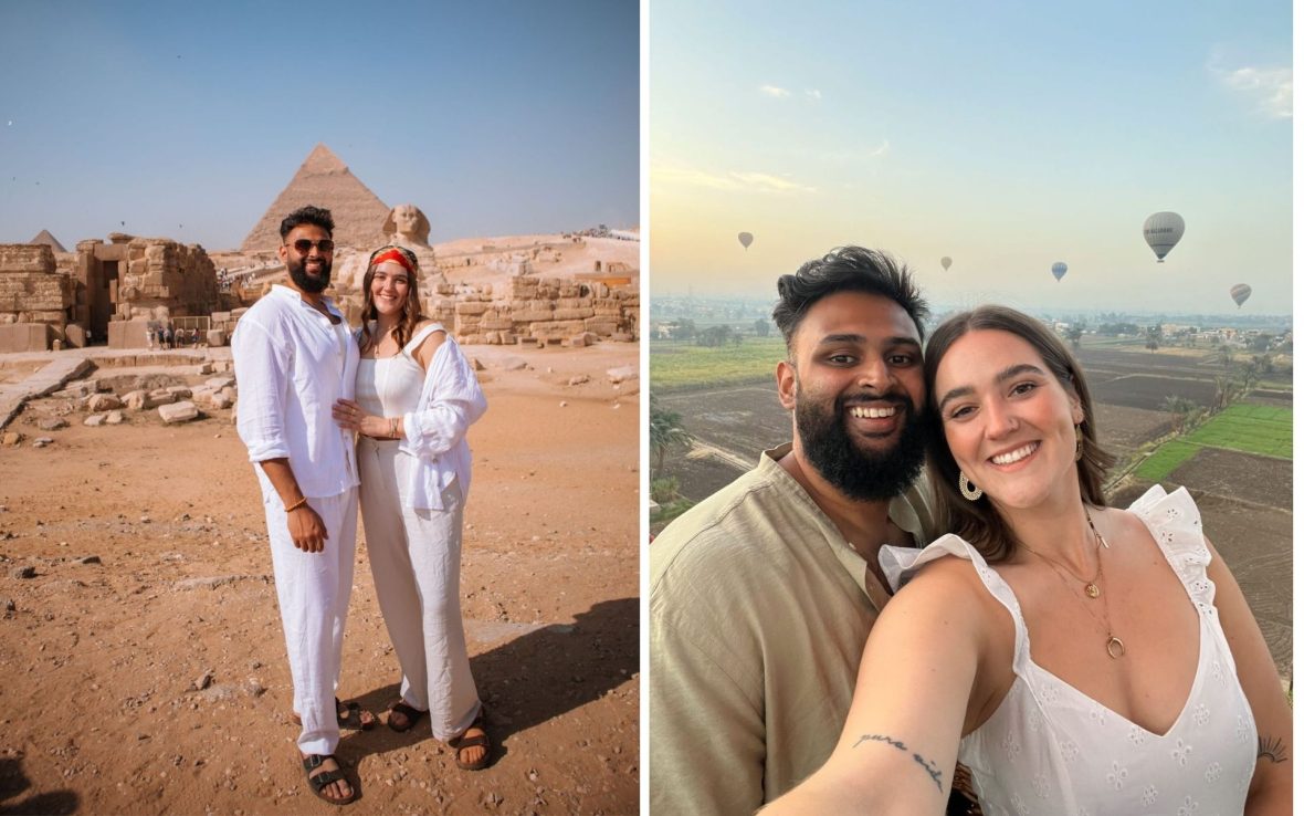 Left: A couple standing with ancient pyramids behind them; Right: A couple taking a selfie from a hot-air balloon