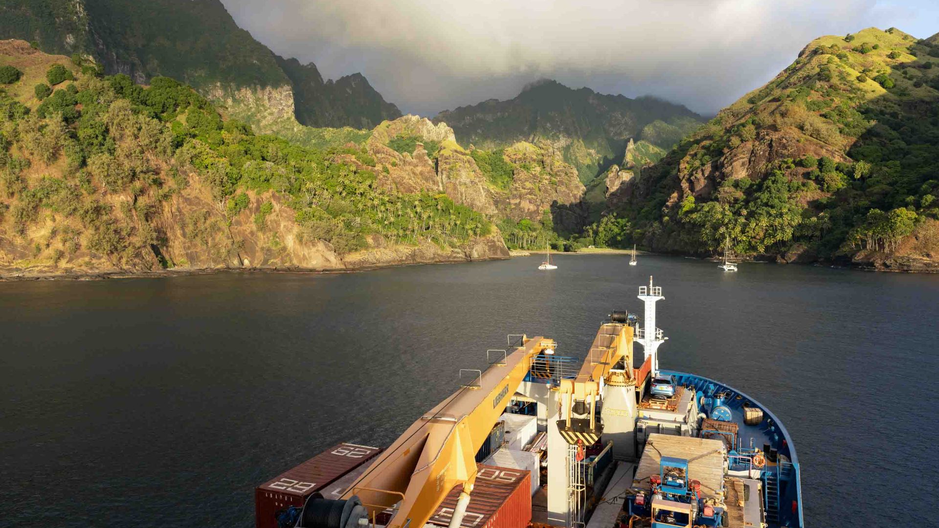 The front of the Aranui, laden with cargo, heads toward the vegetation on one of the islands of Marquesas Islands?