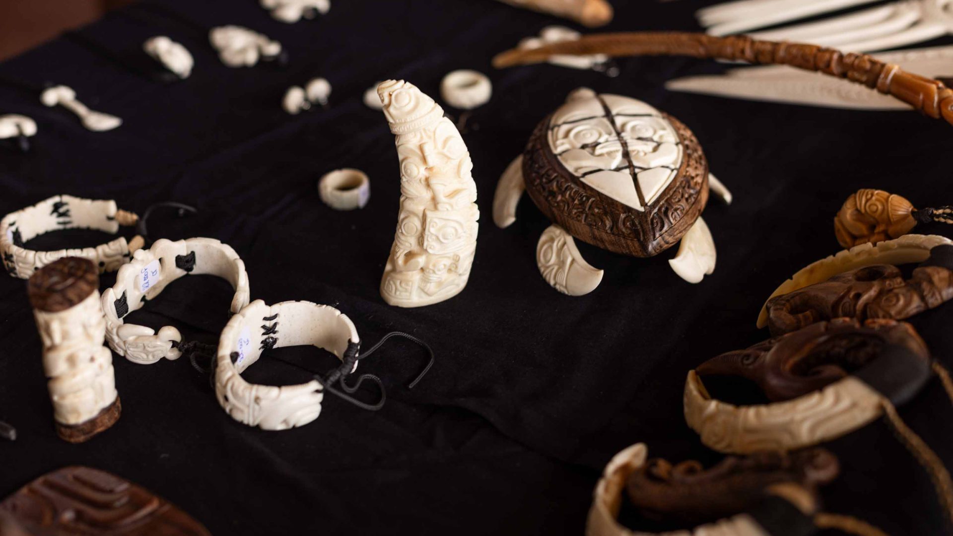 A table displaying some of the jewellery and trinkets you can buy made of bone.