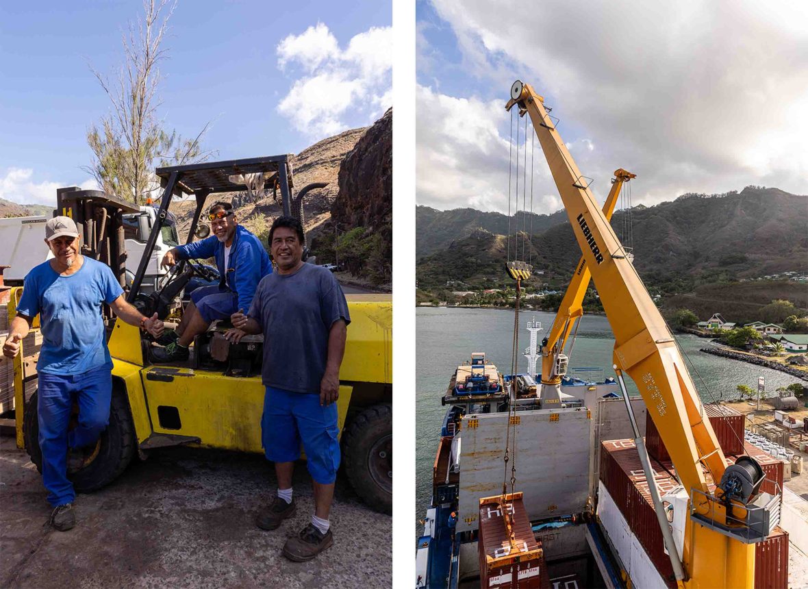 Left: Crew at a forklift smile for the camera. Right: A crane unloading cargo at an island.