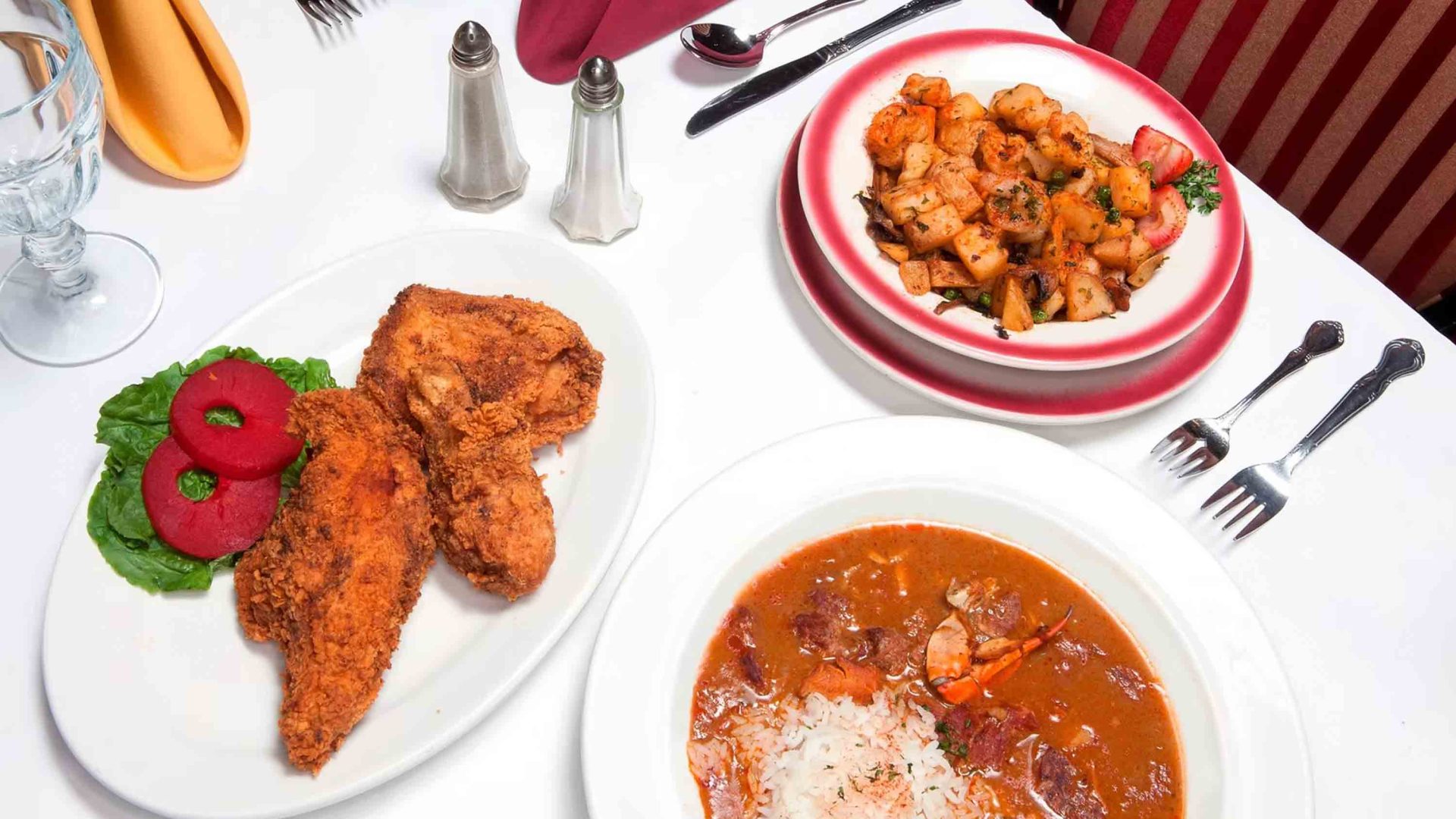 A table of dishes at a restaurant.