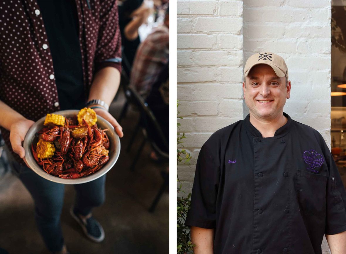 Left: A person holds a plate of food. Right: A portrait of a chef.