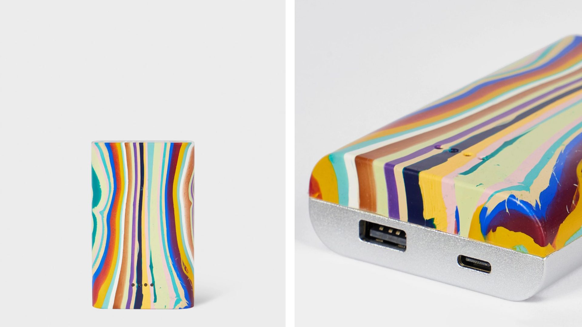 Two angles of a colorful, rectangular Gomi power bank, made in collaboration with designer Paul Smith.