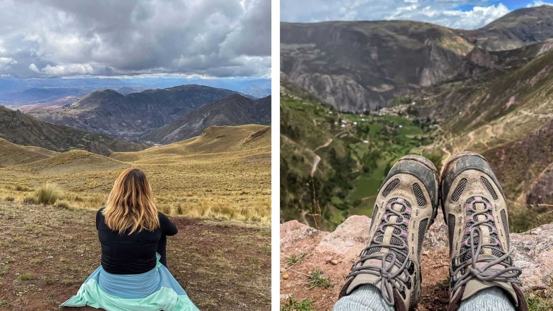 Left: A woman sat down with a mountain view; Right: A pair of hiking boots and mountain views