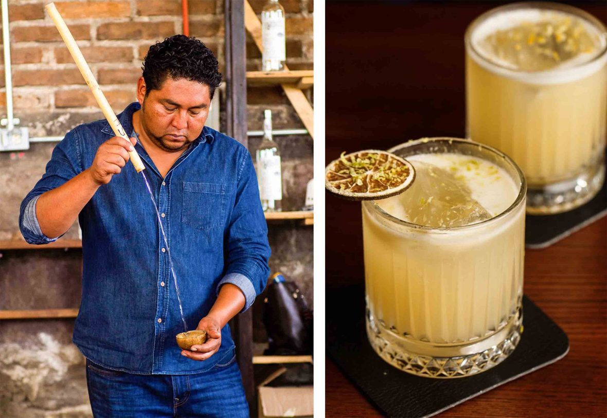 Left: A man pours mezcal. Right: A yellow / green cocktail.