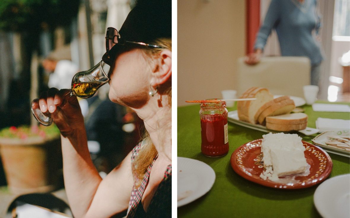 Left: Writer Belinda Jackson tries a local Bulgarian apricot rakia spirit; Right: Commonly found on Bulgarian tables is a brined, feta-style sheep's cheese called Sirene.