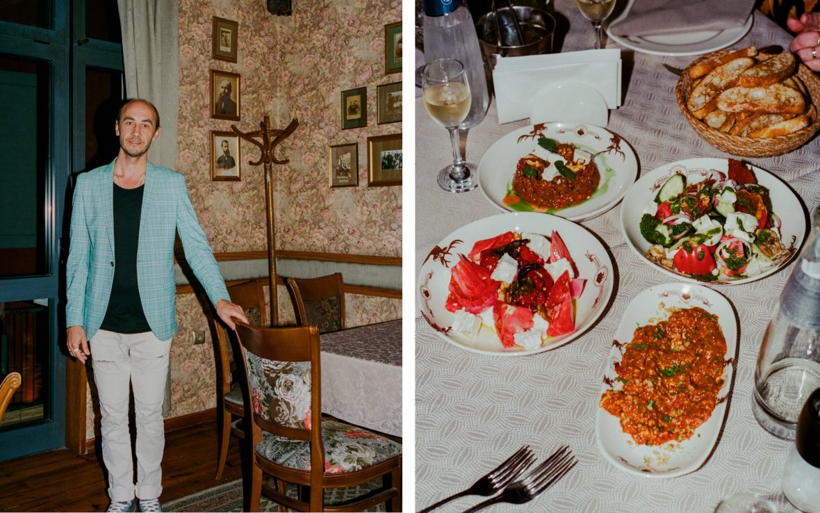 Left: Cvetelin Dimitrov is the owner and restaurant manager of the allegedly haunted, but very delicious Staria Chinar in Sofia; Right: The shopska salad is a culinary icon. With green cucumbers, red tomatoes and grated sirene cheese, it’s no coincidence that these are also the colors of the Bulgarian flag.