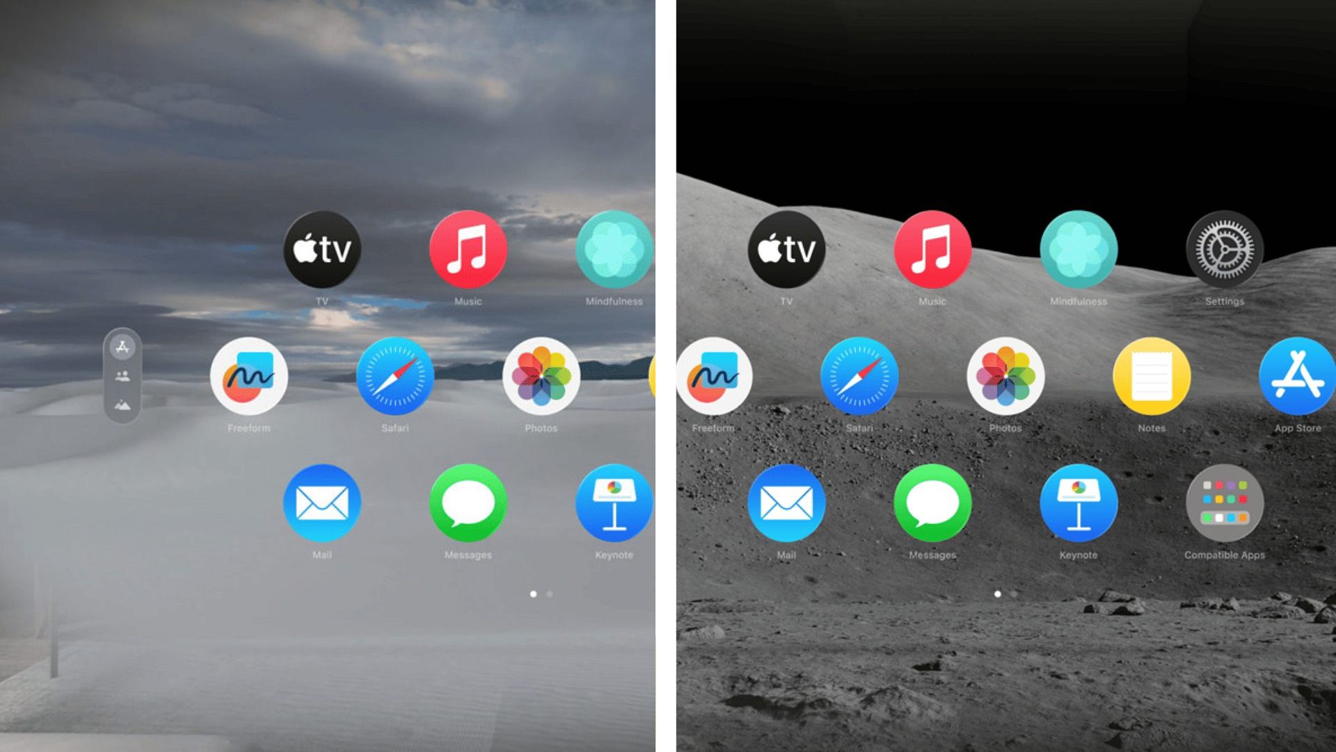 Left, app icons hover over an image of White Sands National Park. Right, the same icons are superimposed on an image of the moon.