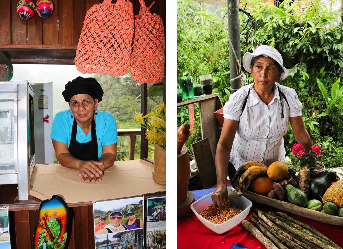 Left: A woman stands behind the counter at a restaurant. Right: A woman stands with a bowl of coffee beans and another of fruit.