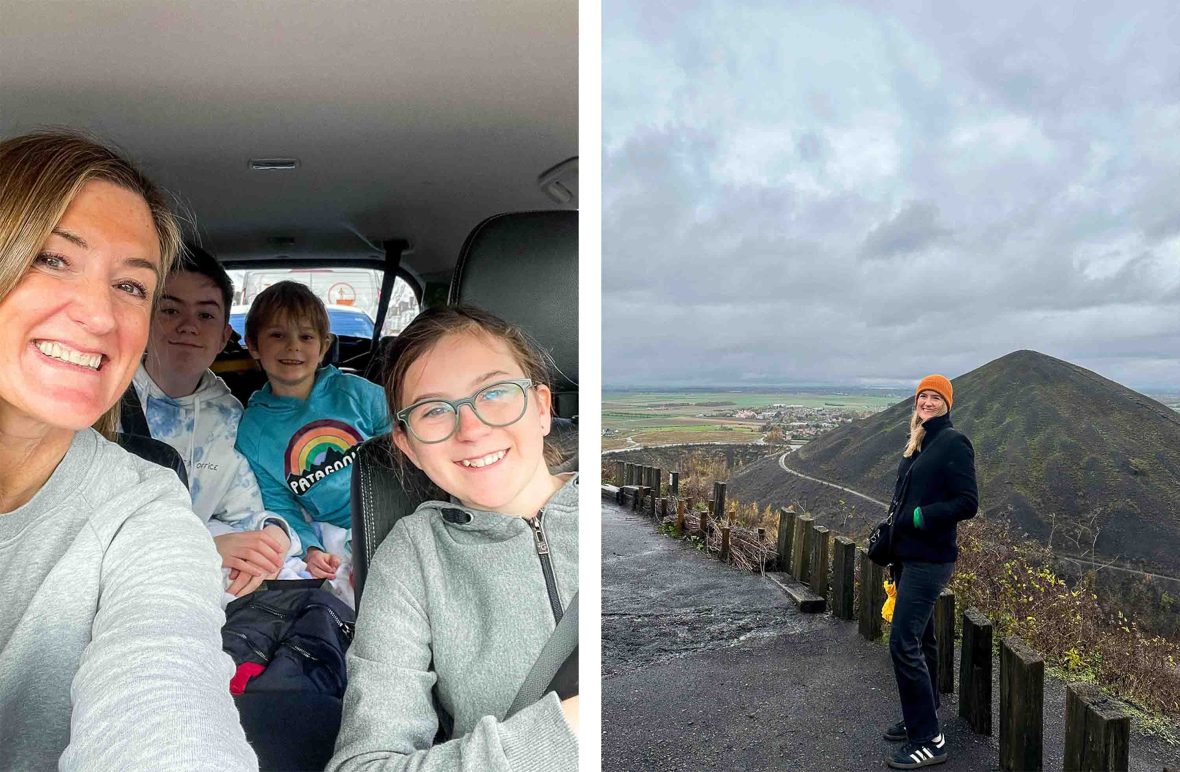 Left: A photo of a group of smiling people inside a car. Right: A woman stands at a lookout above hills and a town.