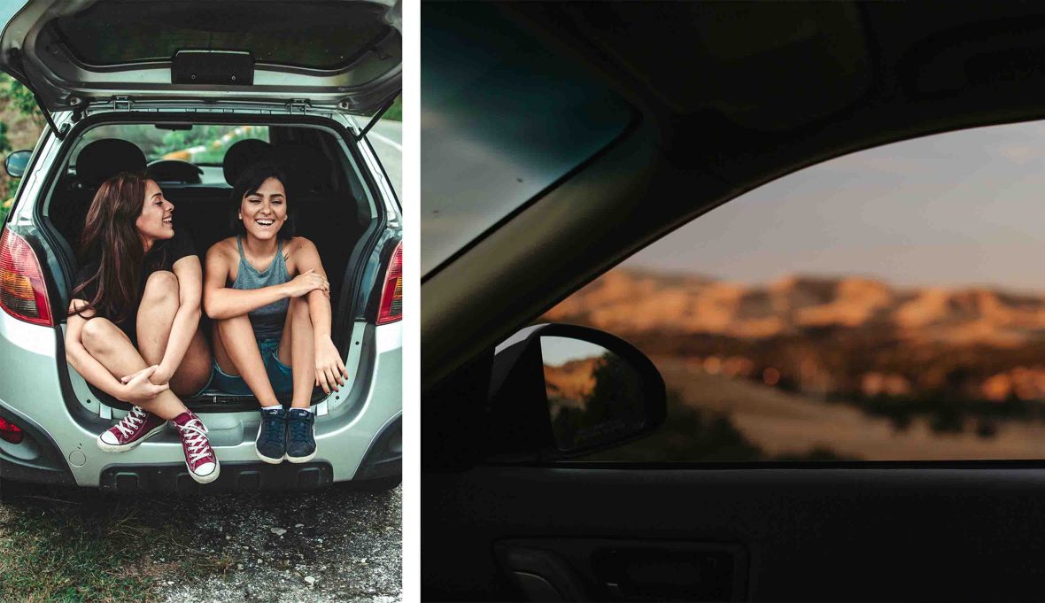 Left: Two women sit and smile in the trunk of a car. Right: Looking at a landscape bathed in warm light through a car window.