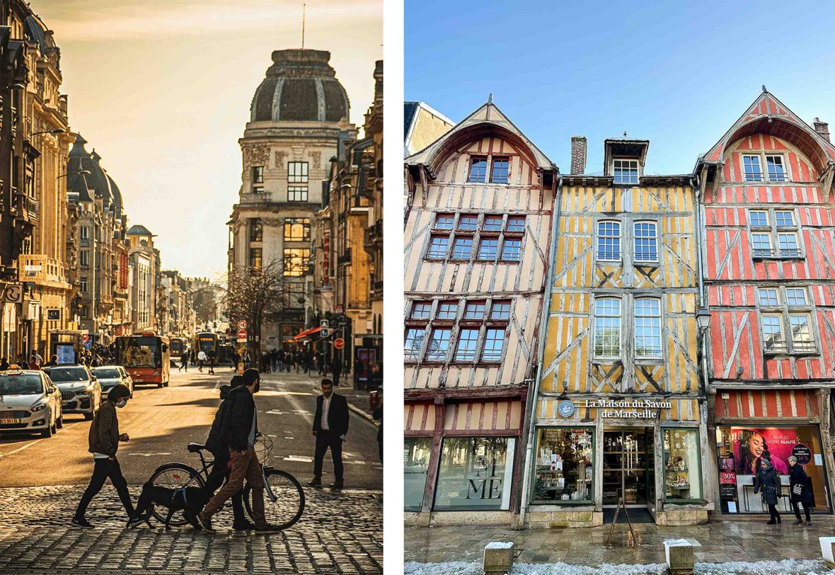 Left: A street scene with buildings and a person pushing a bike. Right: Looking up at narrow coloured houses.