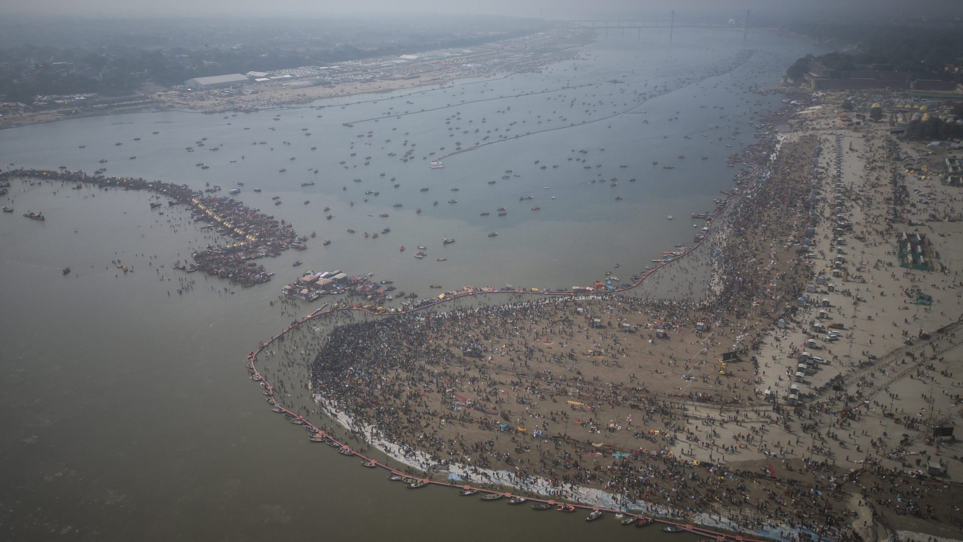 An aerieal view of the the Triveni Sangam in Prayagraj (former Allahabad), Uttar Pradesh, where the sacred rivers Ganga, Yamuna, and the mythical Sarasvati meet.