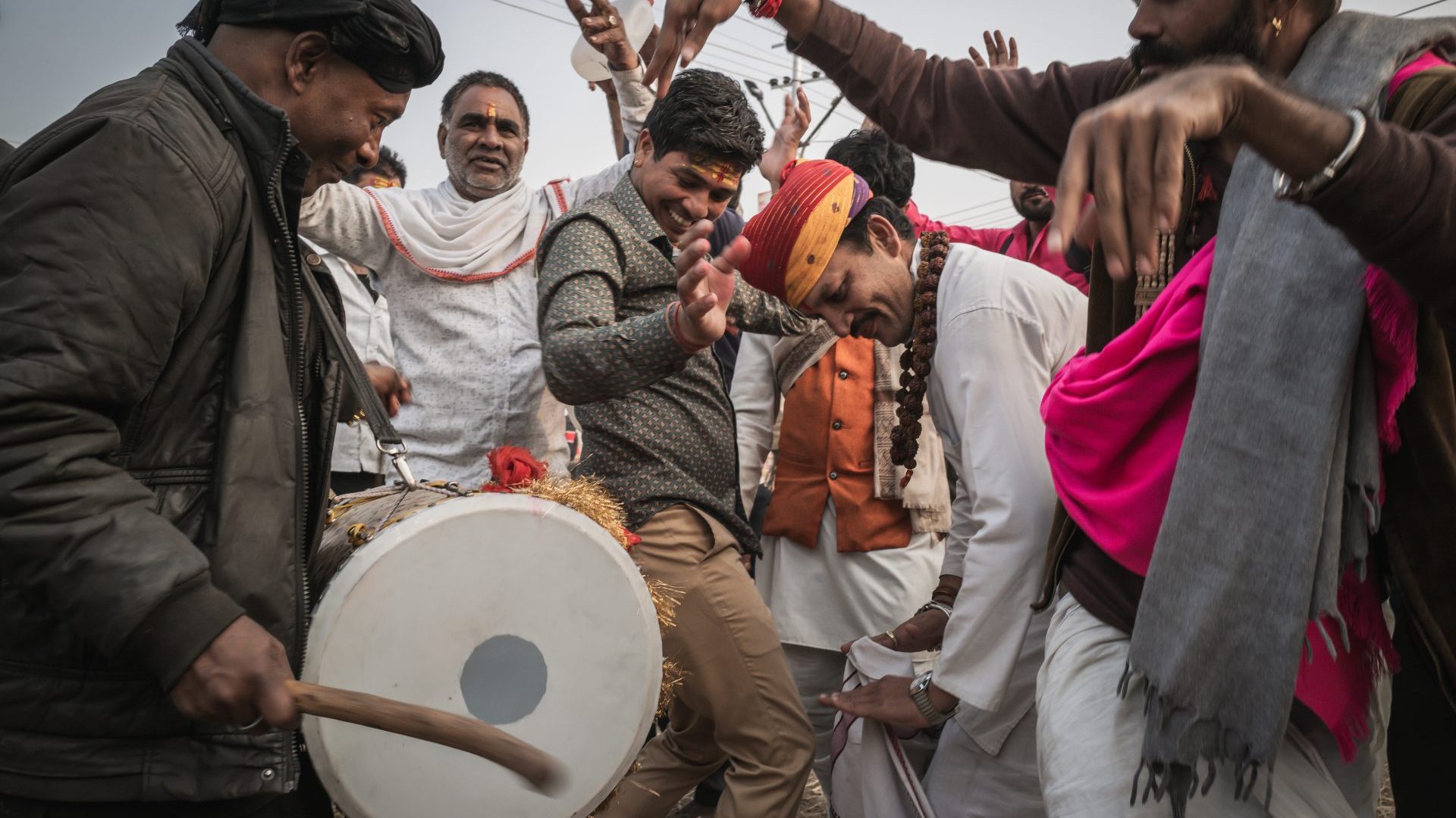 A group of devotional drummers and dancers