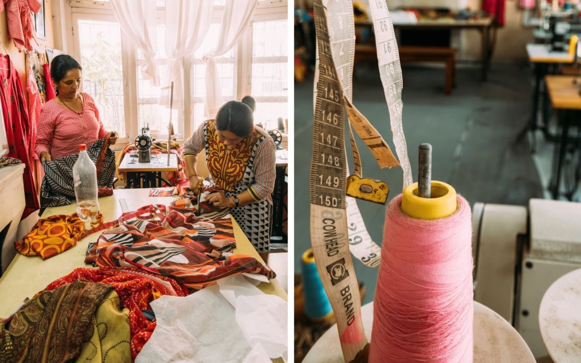 Left: Two women cut pieces colorful fabric at a table in a sewing workshop; Right: A close-up of a roll of pink thread and a measuring tape.