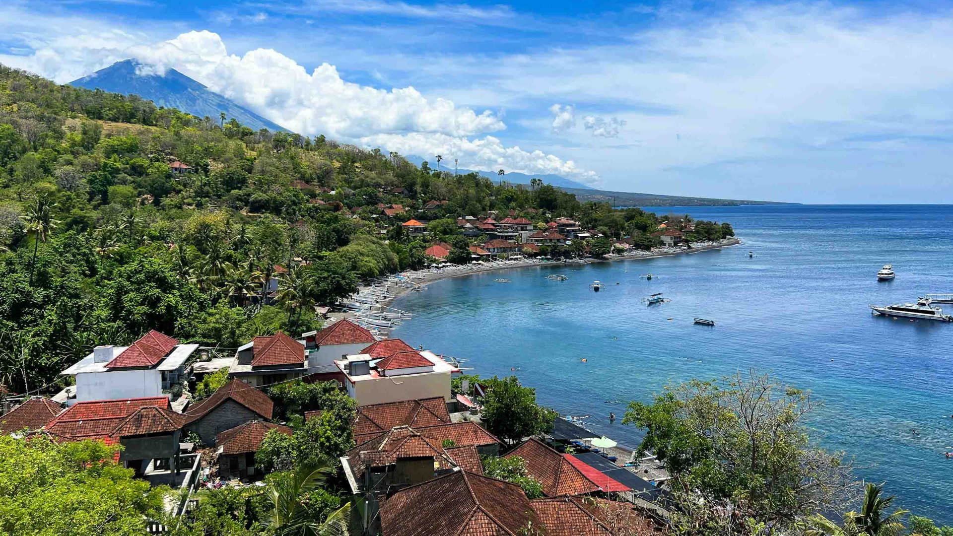 Houses flank the coast of a calm bay.