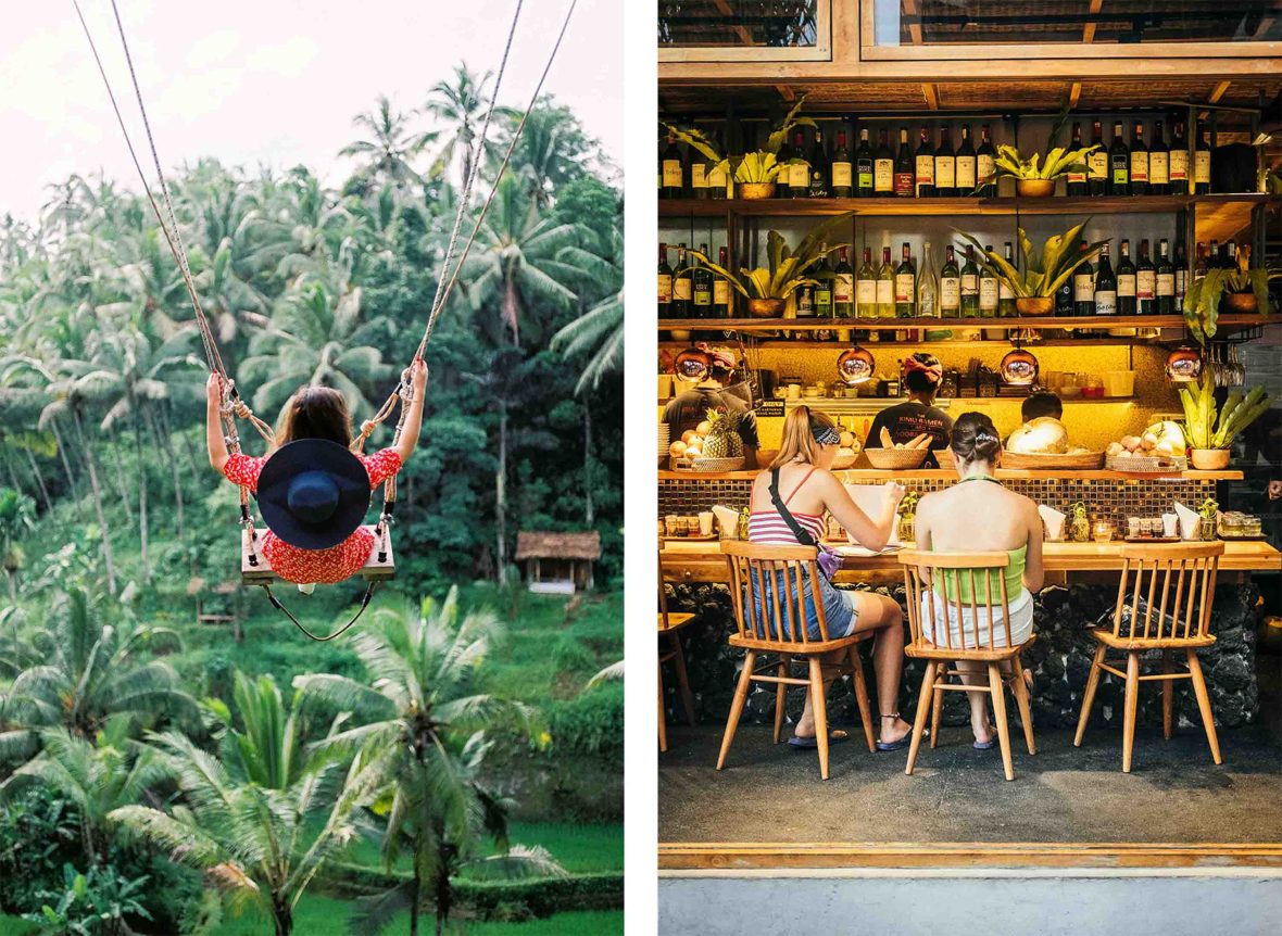 Left: A woman on a swing overlooking forest. Right: Two women at a bar.