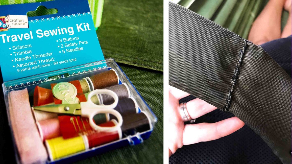 Left: A travel sewing kit. Right: The handle of a bag that has been repaired.