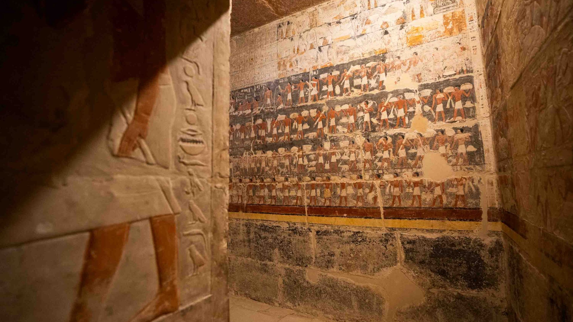 Passageways adorned with hieroglyphics.