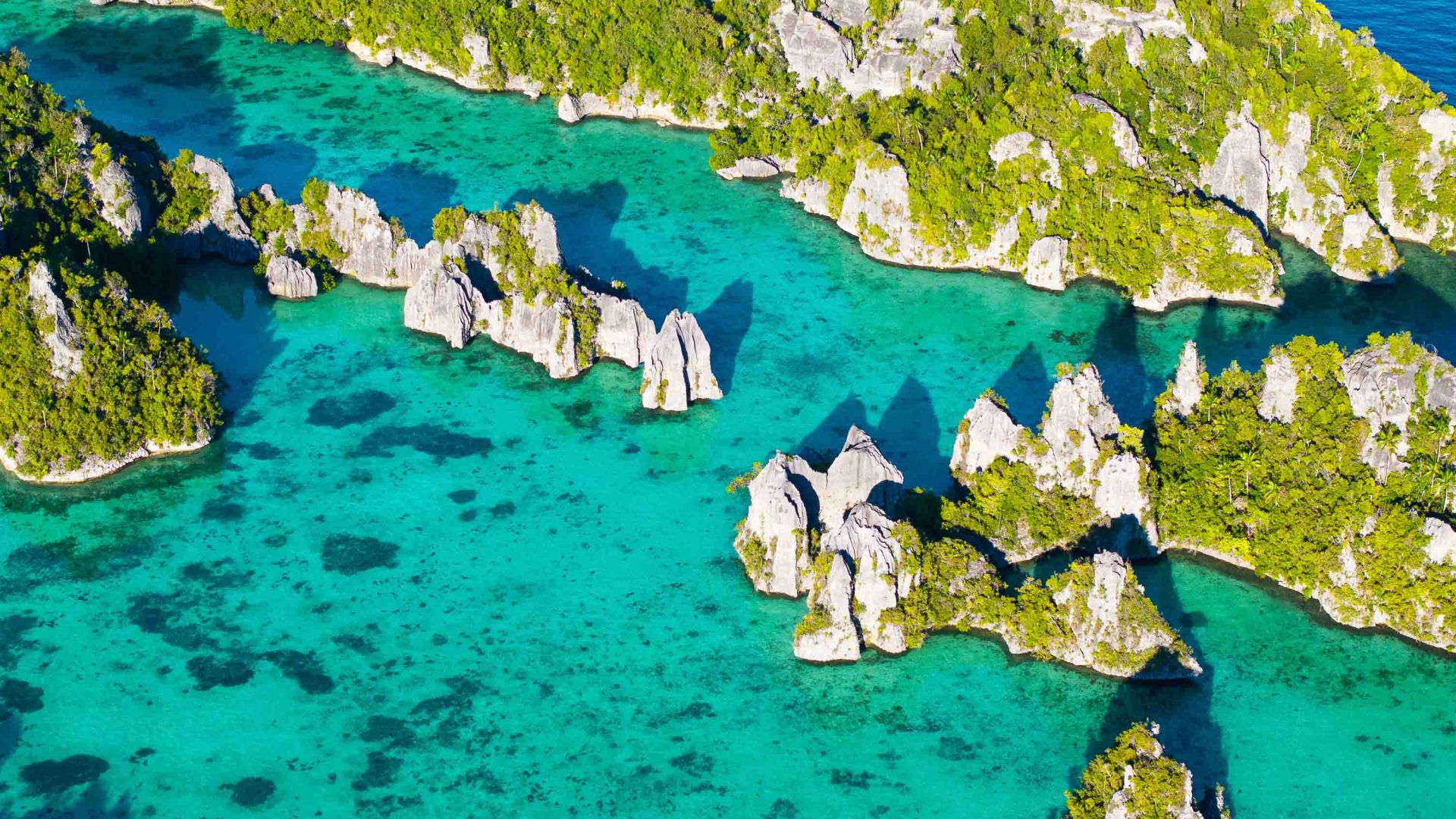 Blue water surrounding green rocky outcrops.