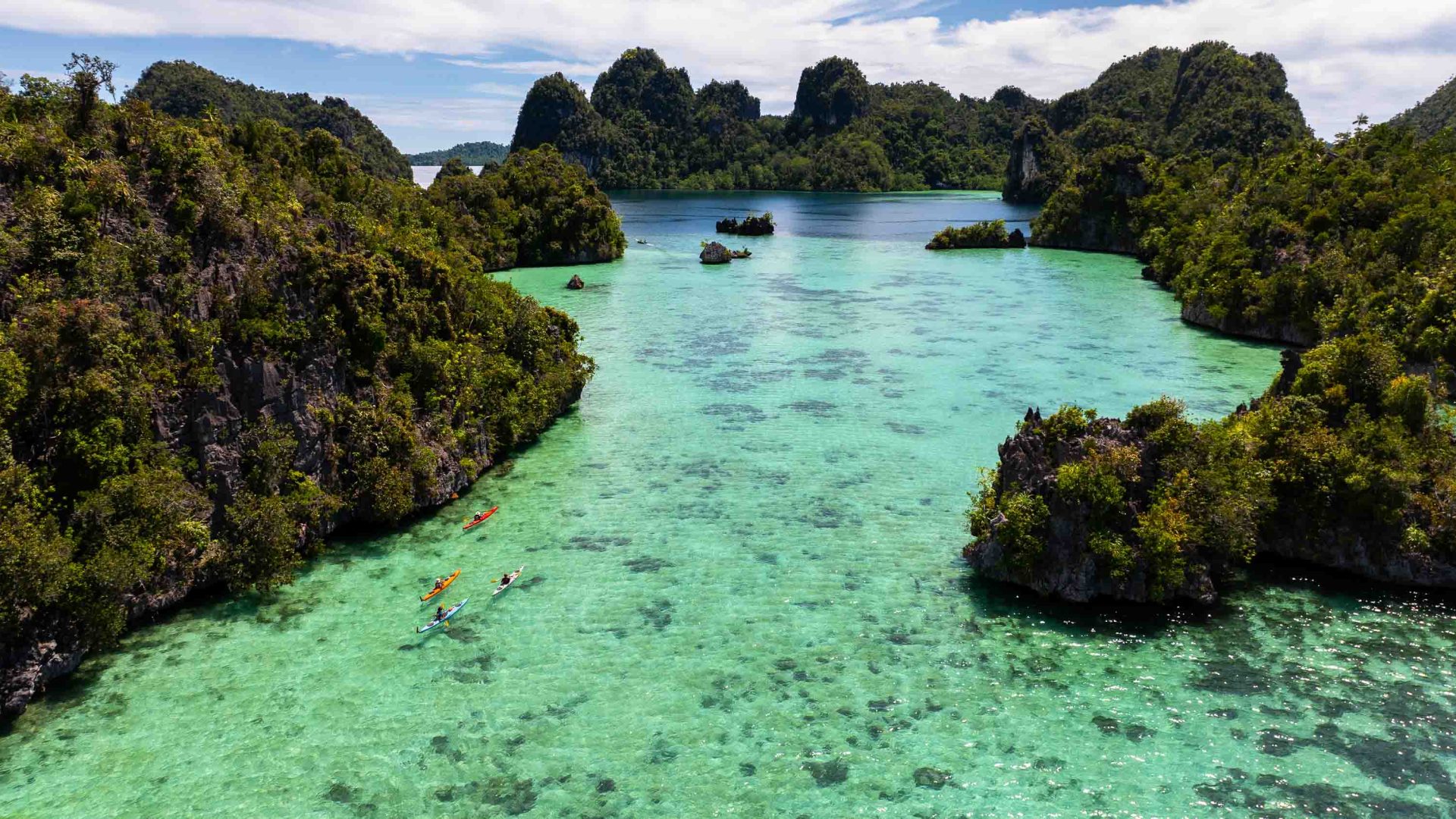 Kayaks in turquoise water, going past forested rocks.