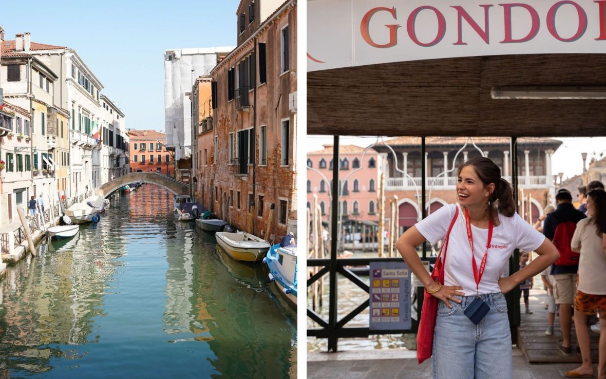 Left: A view of a Venetian canal; Right; A guide smiles to camera with a Venice canal behind her