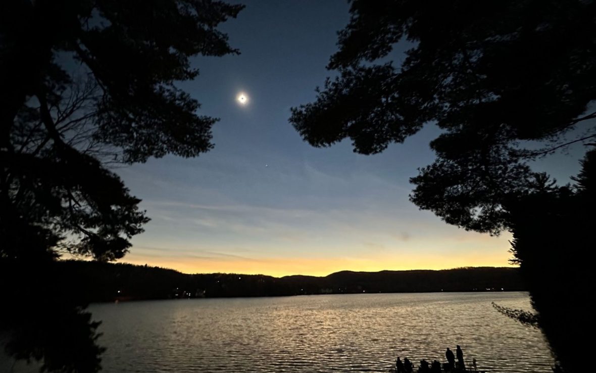 The moon and the night sky over a lakeside scene flanked by two silhouetted trees