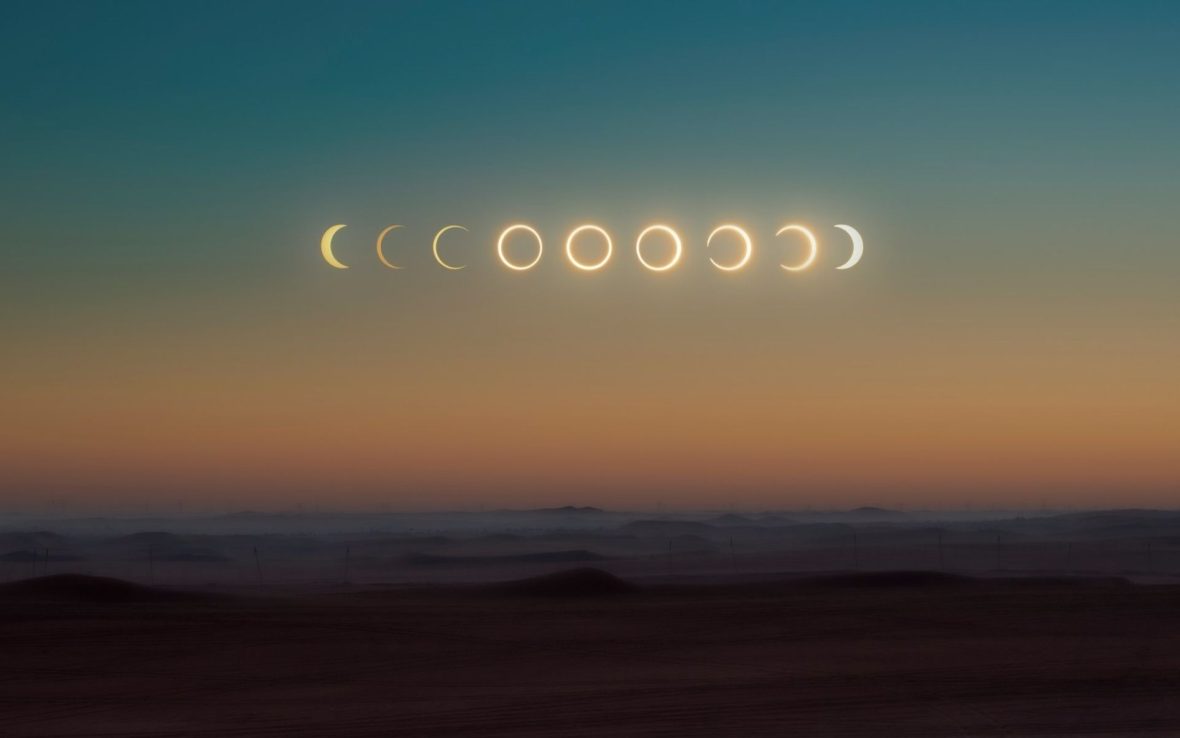 The stages of an eclipse at sunset