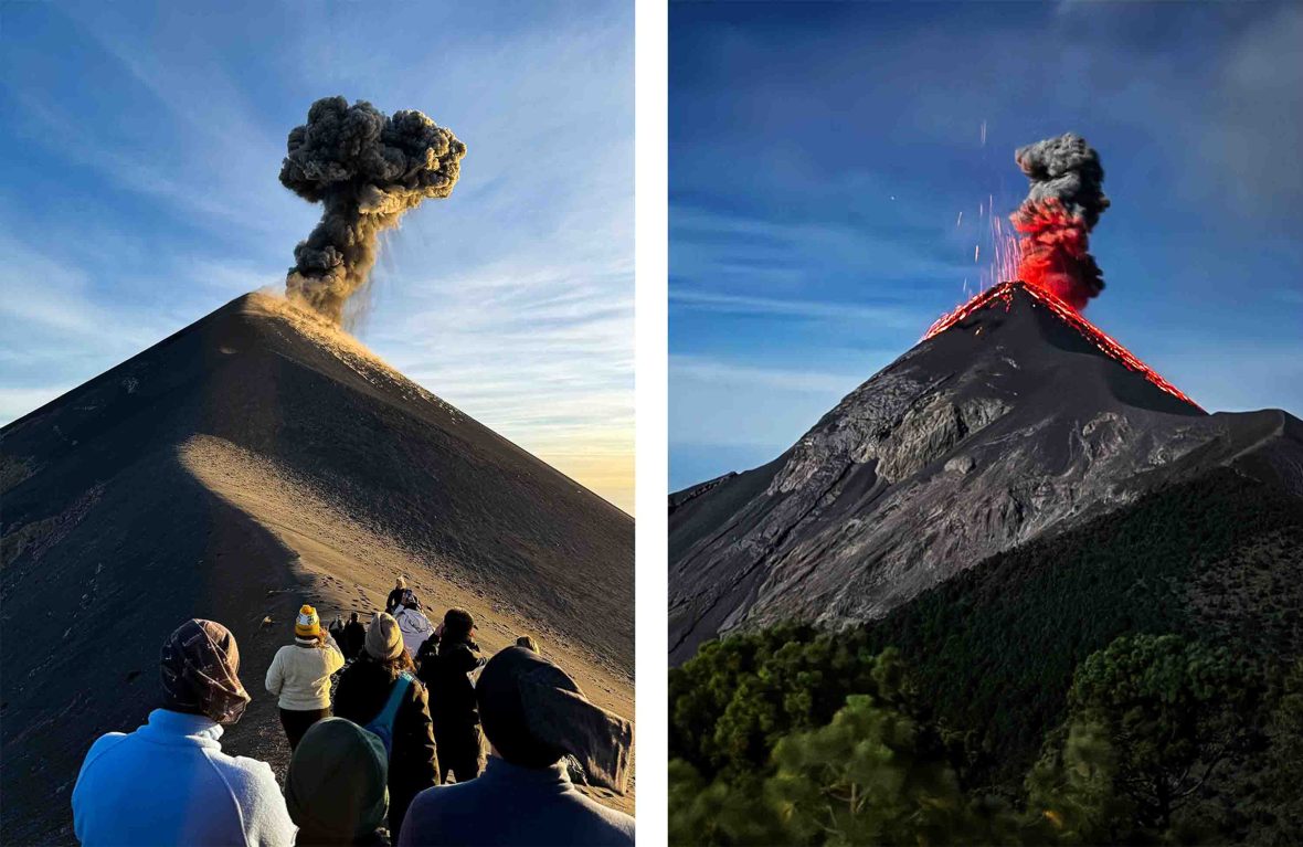 Left: Travelers make their way toward the summit of Fuego. Right: Fuego is seen erupting with smoke and lava.