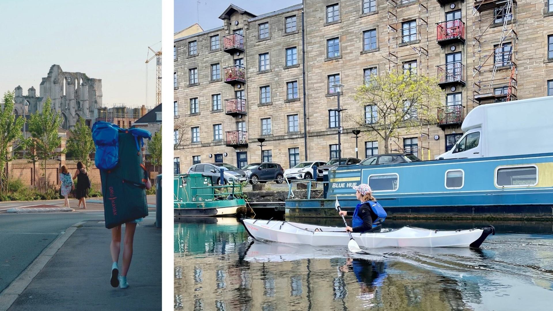 Left, a woman carries an Oru Lake kayak in a backpack toward historic ruins in Saint-Omer, France. Right, a woman in a blue life jacket and white kayak paddles alongside narrowboats in Edinburgh, Scotland.