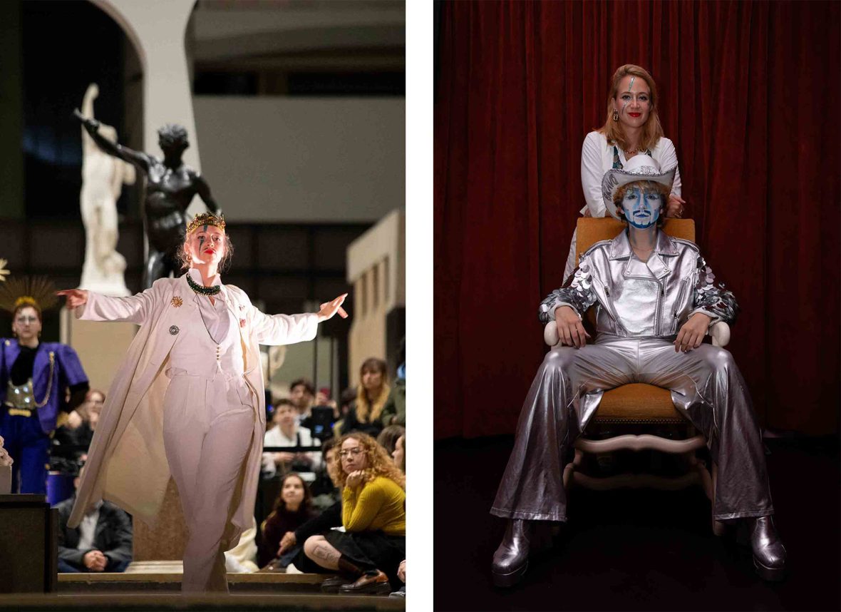 Drag performers on stage and on a chair.