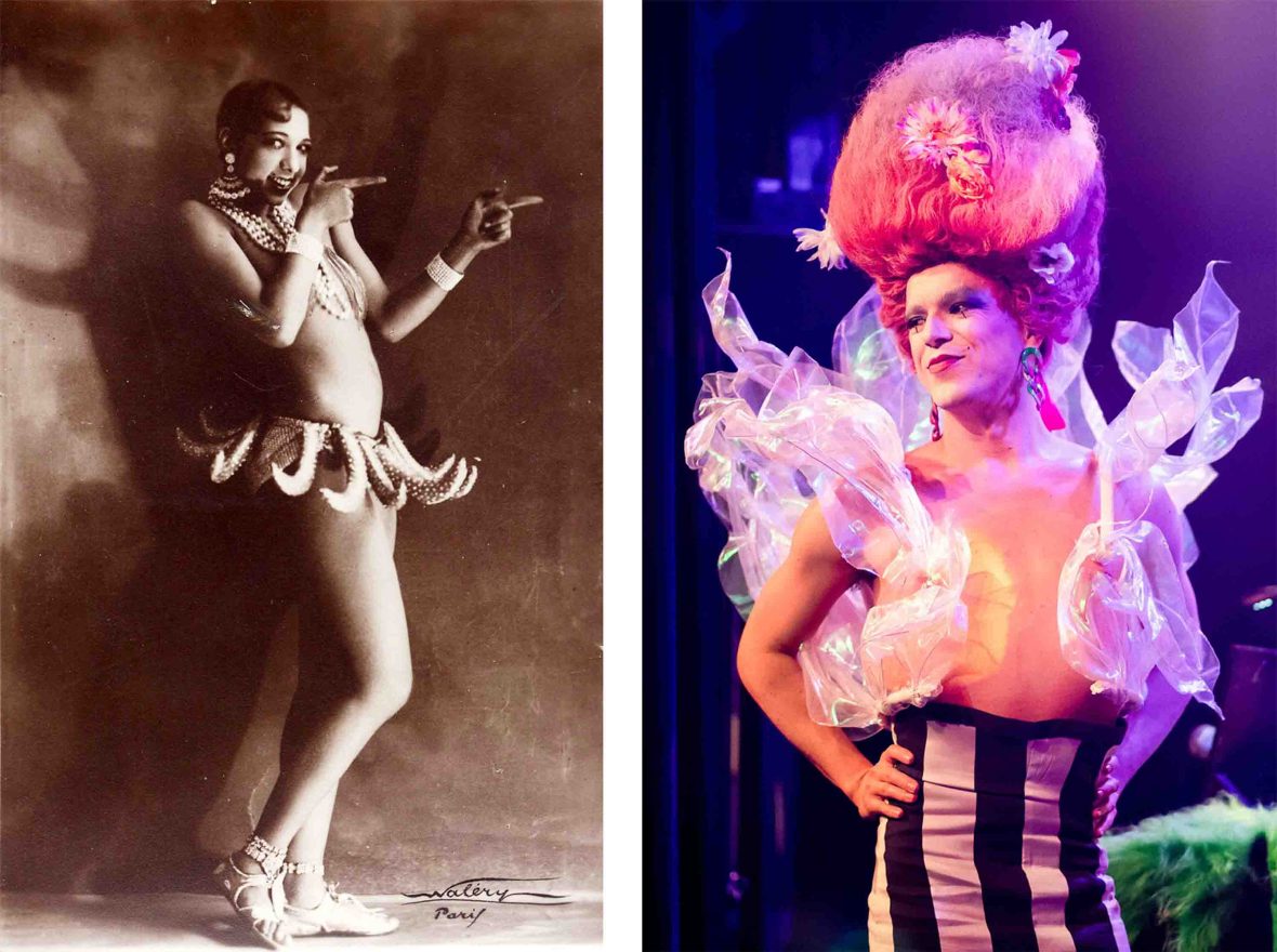 Left: A woman in a banana skirt. Right: A drag performer in a wig and corset looks away while standing still.