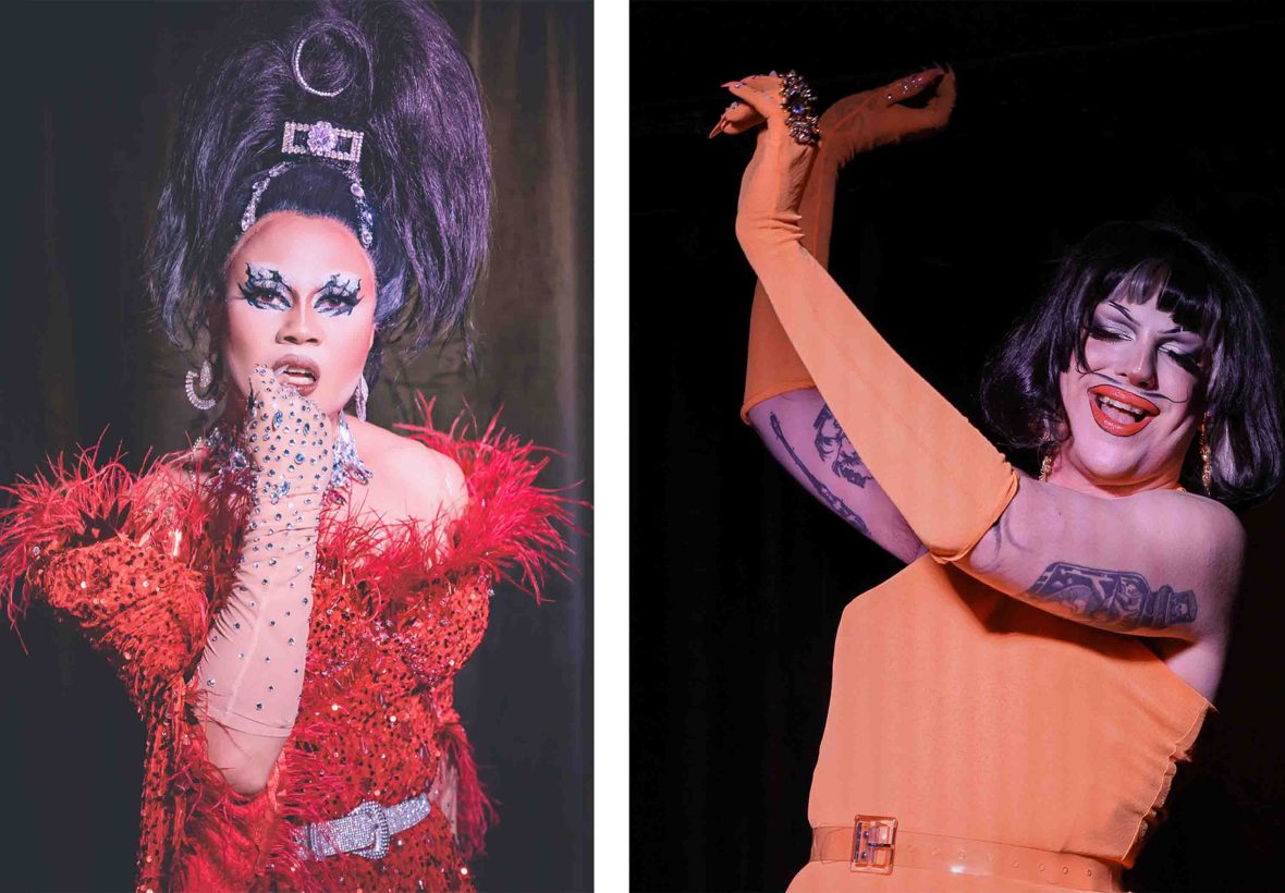 Two drag performers side-by-side, one dressed in a red ruffle dress; the other in a peach dress with long gloves.