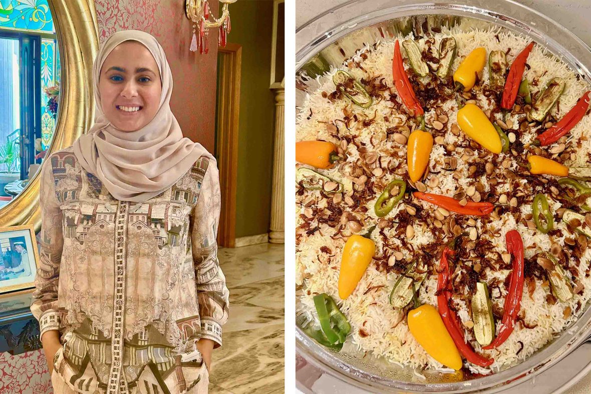 Left: A woman smiles to camera. Right: A chicken and rice dish, decorated with chilli.