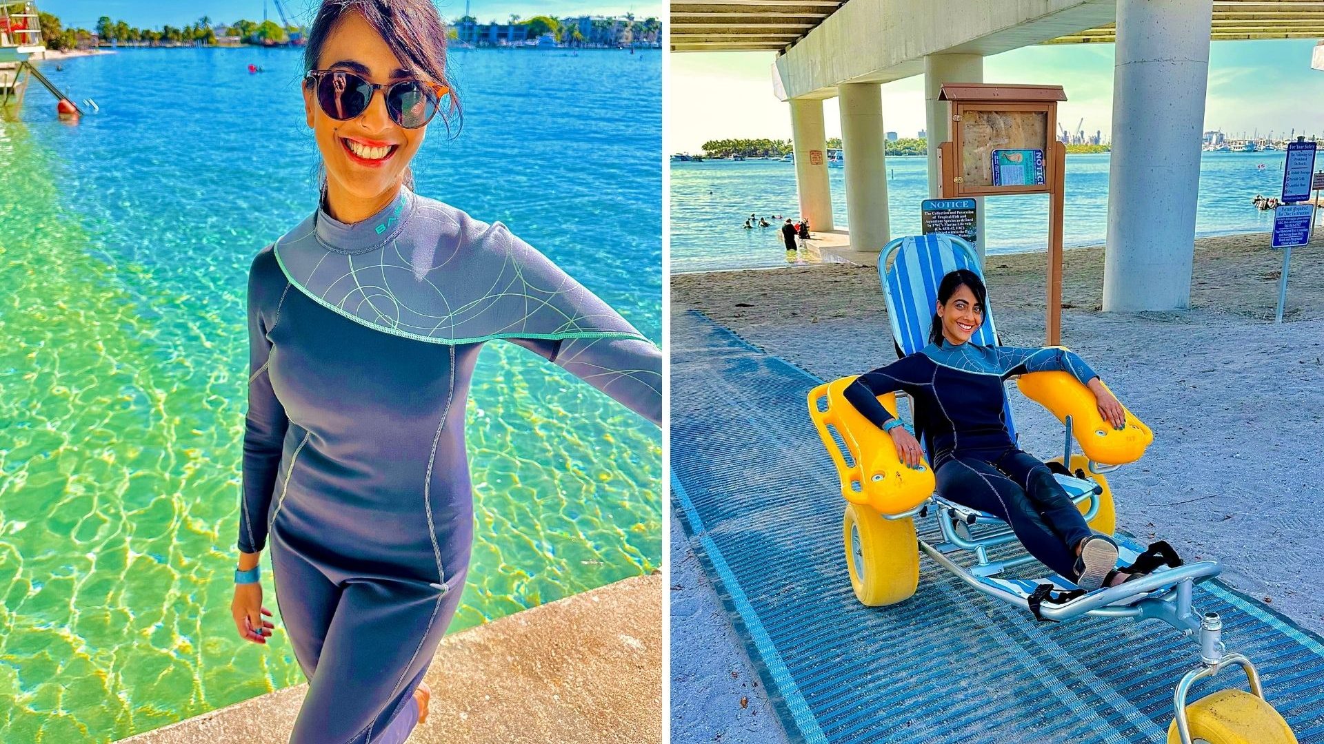 Left: A woman in a wetsuit on a beach with an aquamarine sea backdrop; Right: A woman in an accessibility chair at the beach