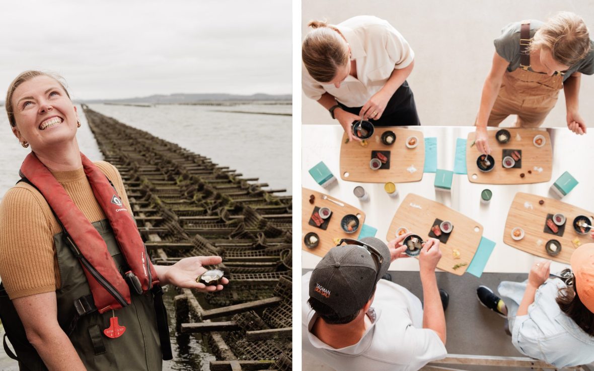 Left: Woman smiles holding an oyster shell; Left: Four people look down on a tasting board of condiments