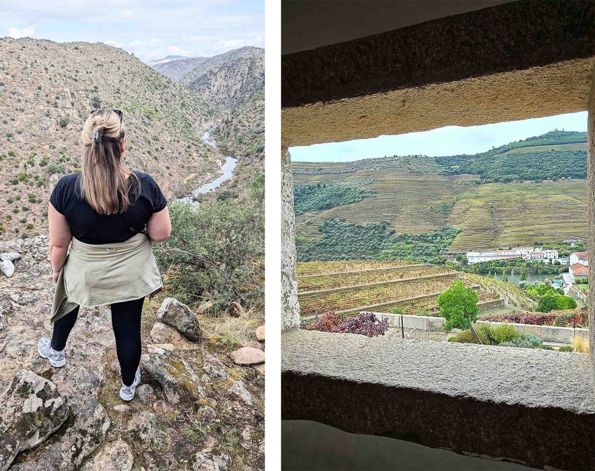 Left: Jessica looks out over the Côa Valley. Right: The Valley as seen through a window.