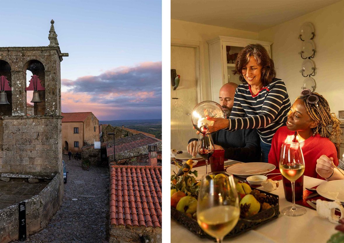 Left: Buildings in a small town with cobbled street. Right: A woman pours wine to people at a table.