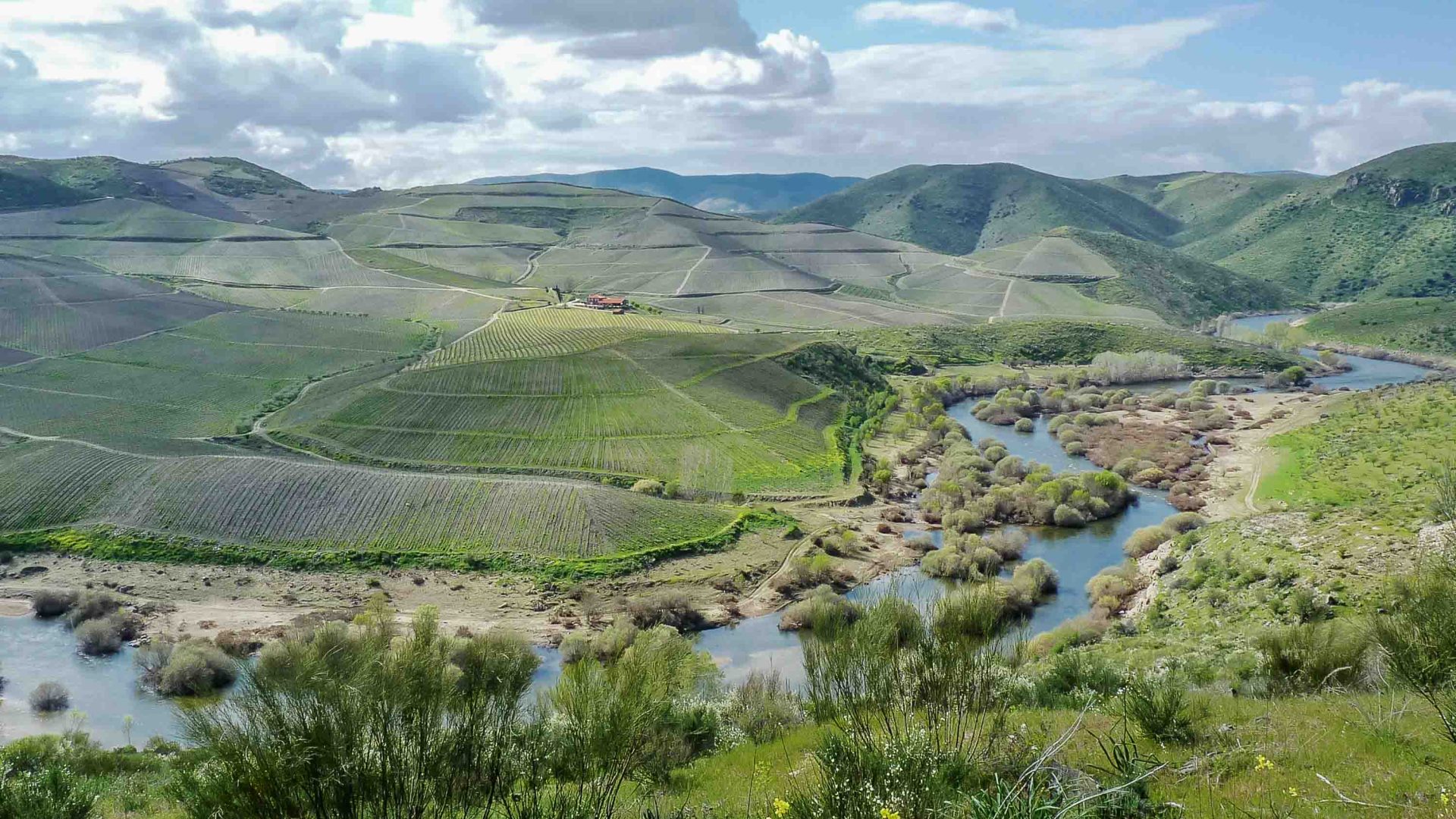 A river surrounded by green hills.