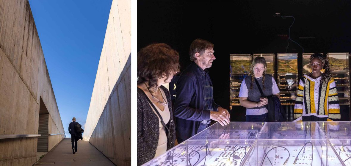 Left: A figure walks past the exterior of the museum. Right: A group gathers round a display in museum to listen to a guide talk about the items.