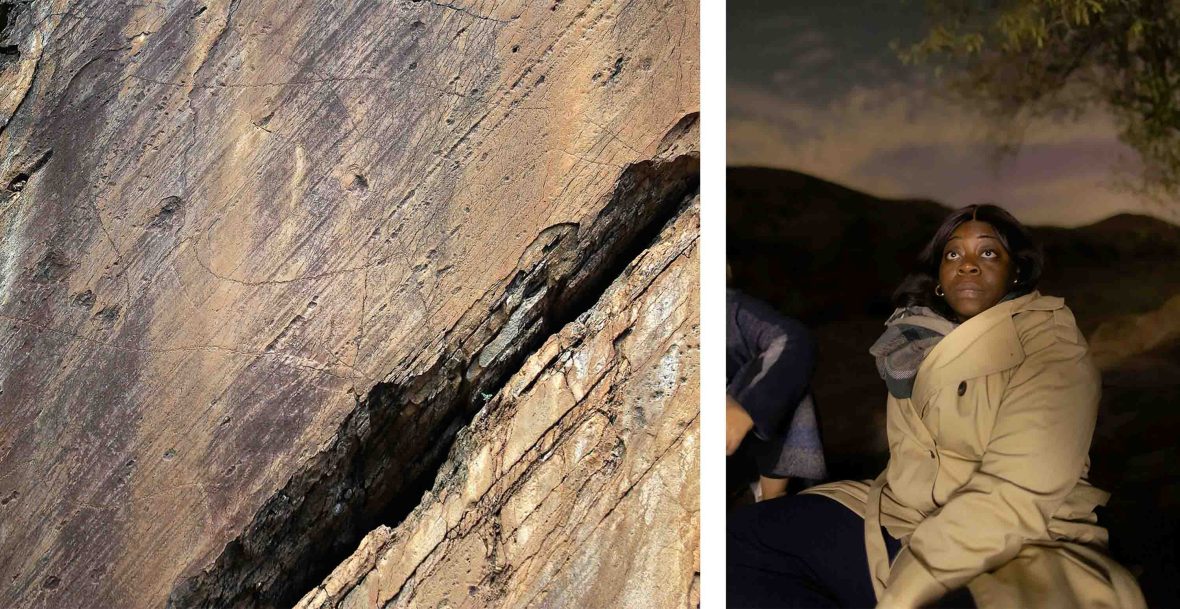 Left: Rock art Right: A person listens at night.