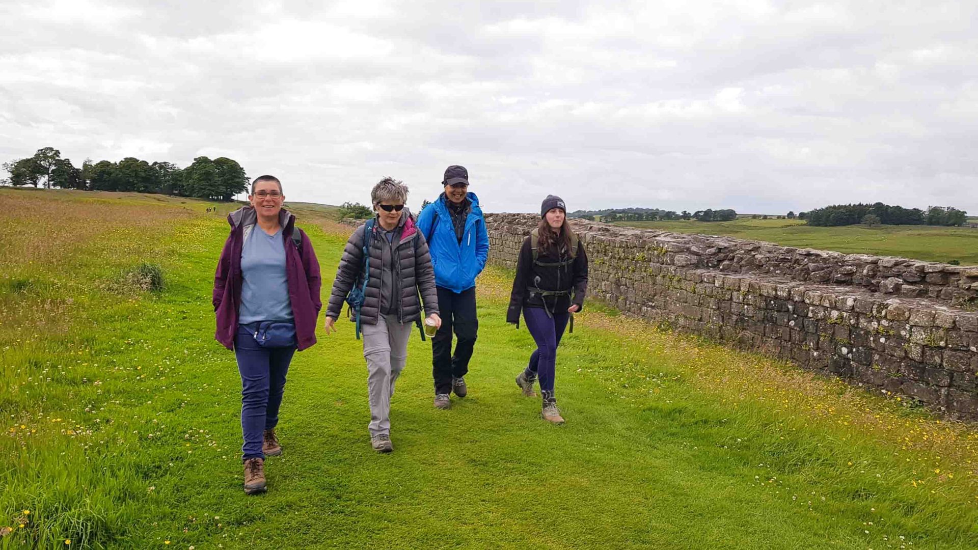 Four women walk along some green grass with a stone wall to the side.