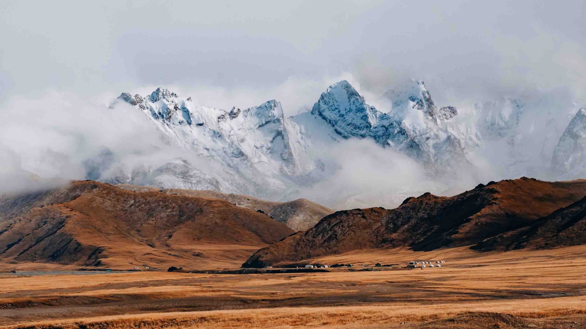 A snowy mountain range.
