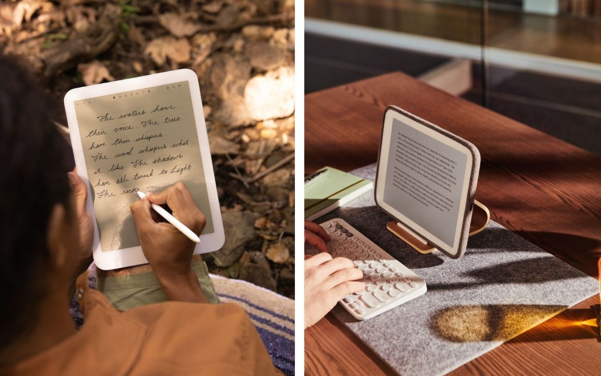 Left: Image of a person using a stylus to write on an e-ink Daylight Computer tablet. Right: Hands on a white keyboard connected to a Daylight Computer tablet propped up on a tablet stand.